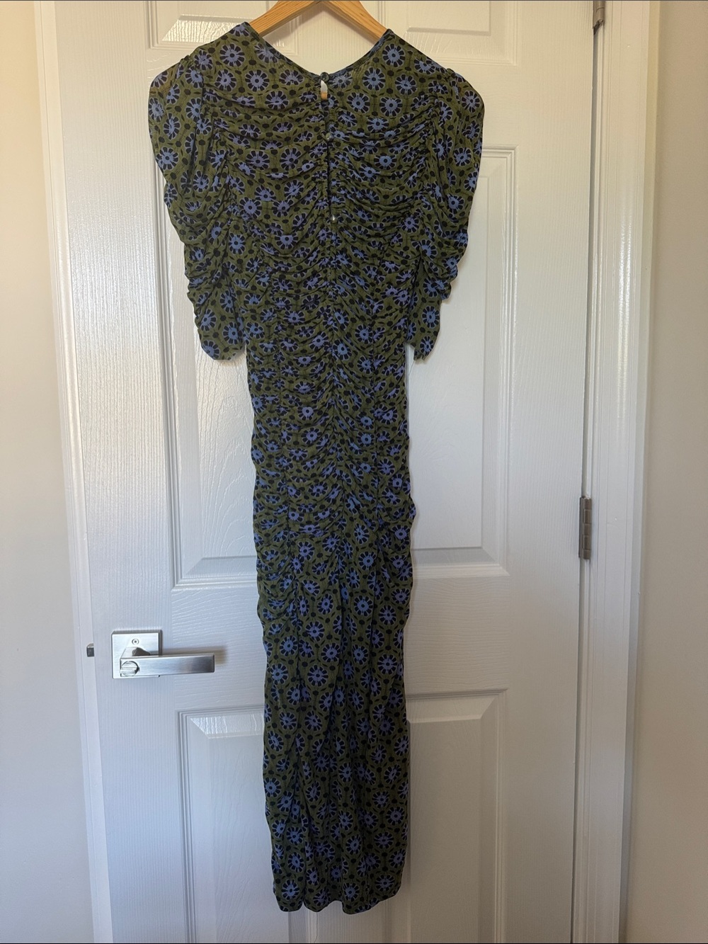 Free People Ruched Olive Green Maxi Dress with Blue Floral Print